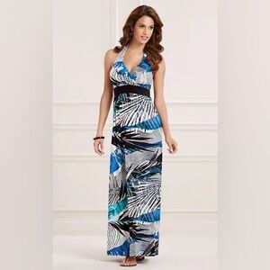 Soma Intimates Blue Black Green Palm Halter Maxi Gown Dress Size Small